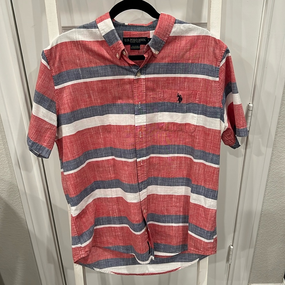 Striped Light Red, White, & Blue Men’s Large Button Up Shirt by US Polo Assn.